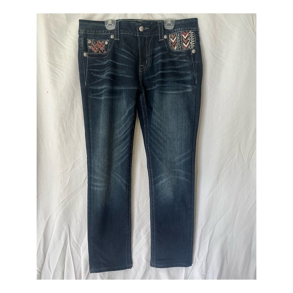 Miss Me Women's denim jeans Mid-Rise Easy Skinny Aztec print large stitch sz 30